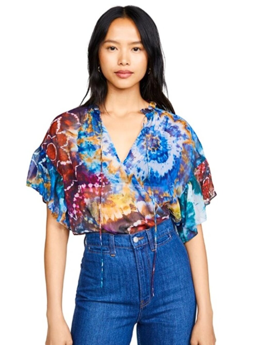 Alice + Olivia Julius Tie-Dye Ruffle-Sleeve chiffon sheer Blouse top XS